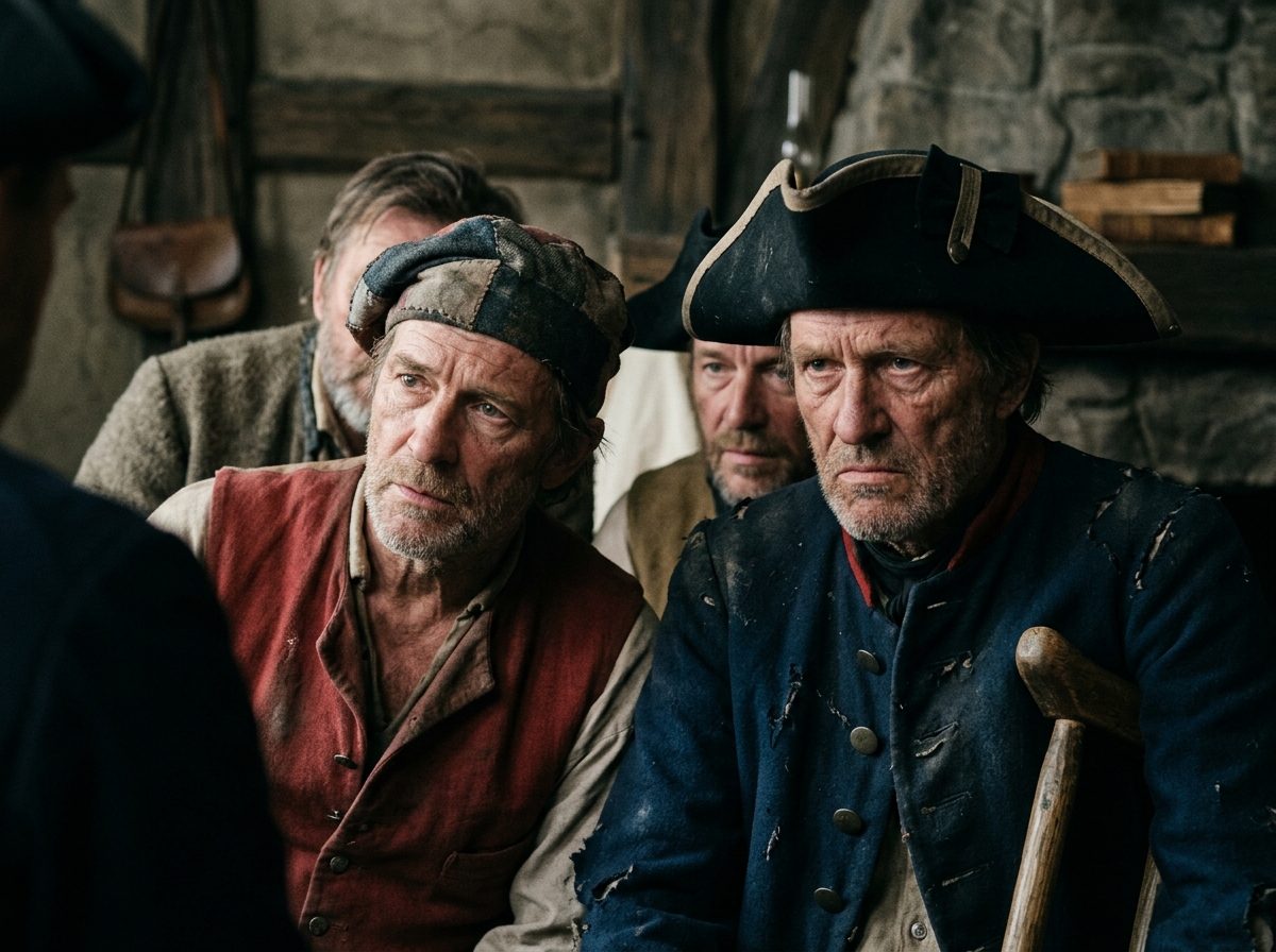 Weathered men in 18th-century attire sit indoors, including one wearing a tricorn hat and holding a crutch.