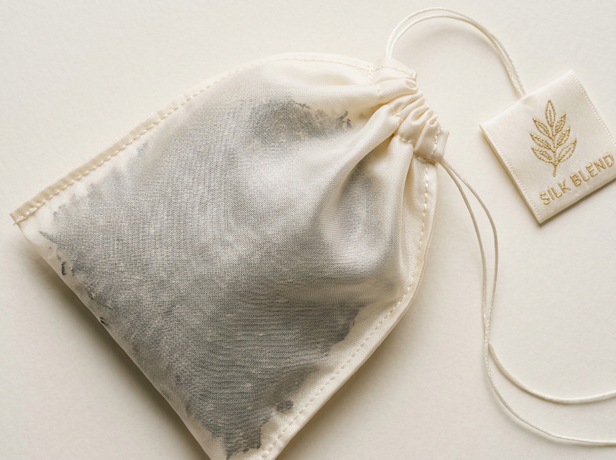 A silk drawstring tea pouch filled with dark tea leaves, attached to a tag embroidered with "SILK BLEND".