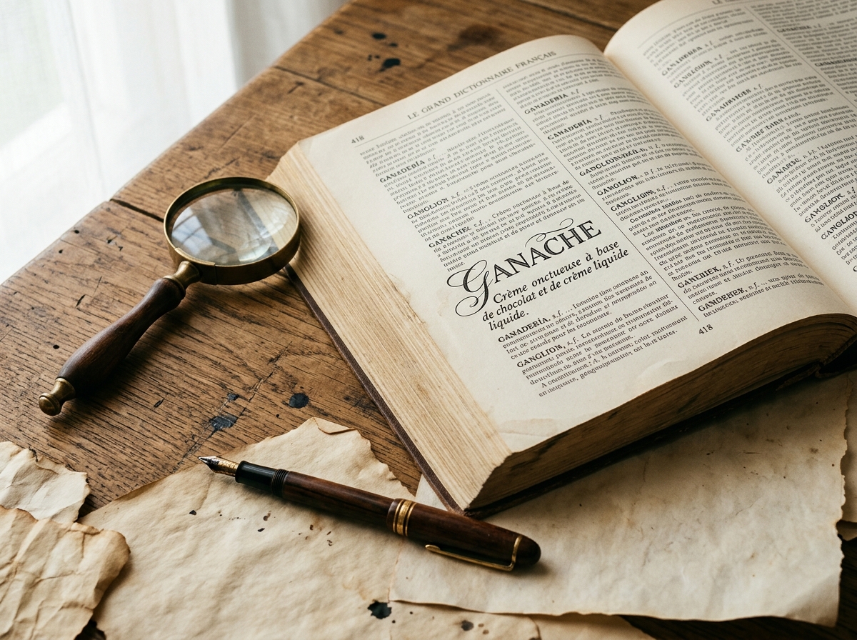 An open vintage dictionary displaying the entry "GANACHE", alongside a magnifying glass and fountain pen on a wooden desk.