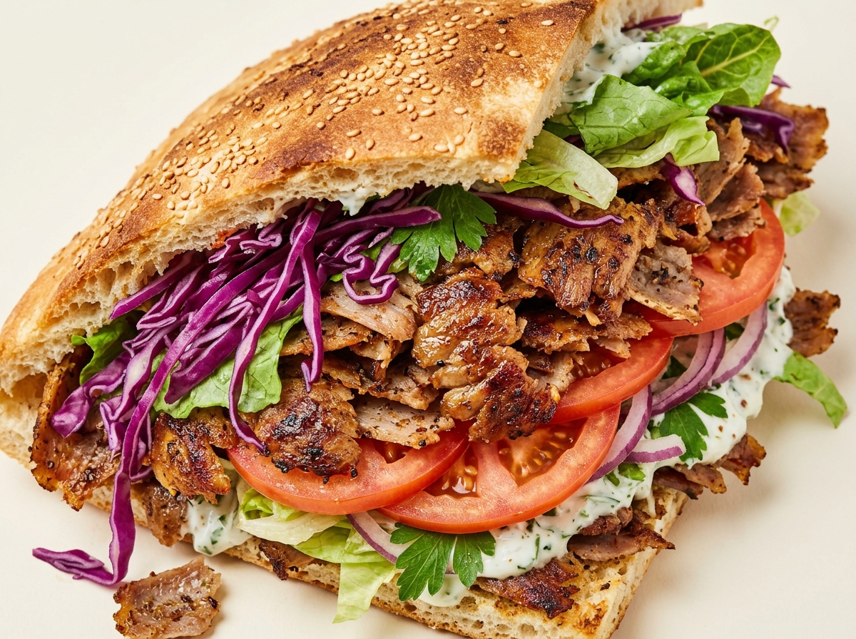 A Döner kebab sandwich packed with shaved roasted meat, tomato slices, purple cabbage, lettuce, and white sauce.