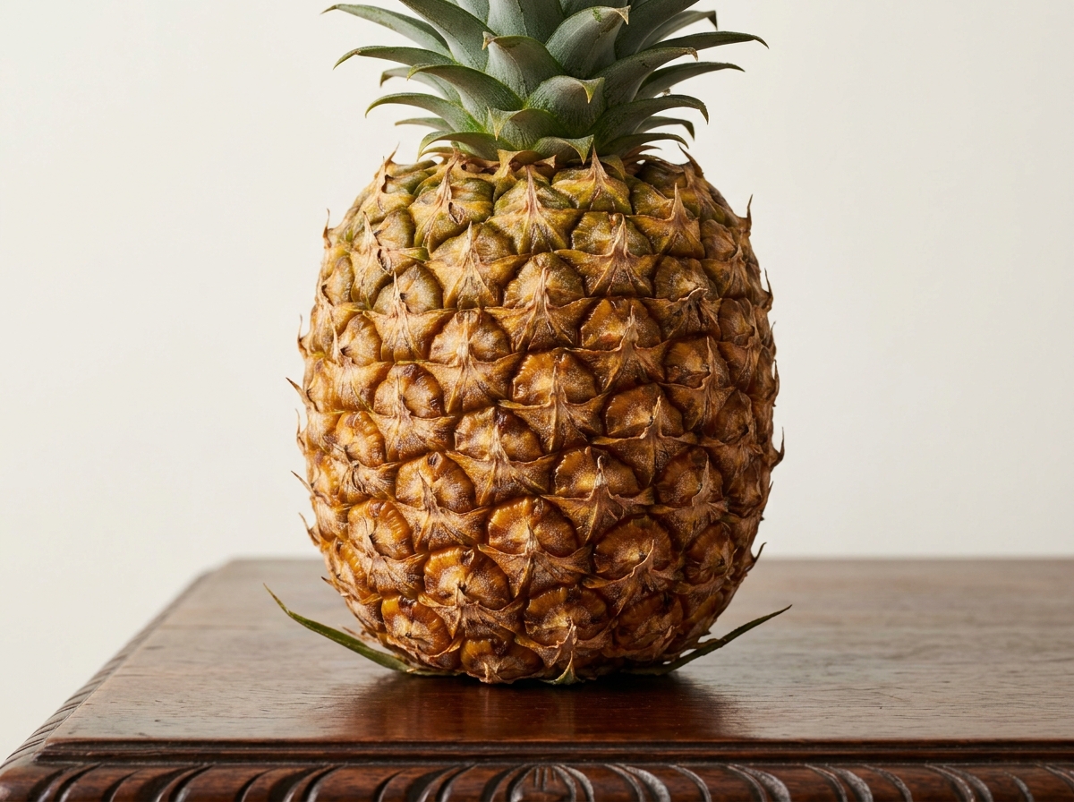 A whole ripe pineapple with spiky green leaves stands upright on a polished dark wood table.