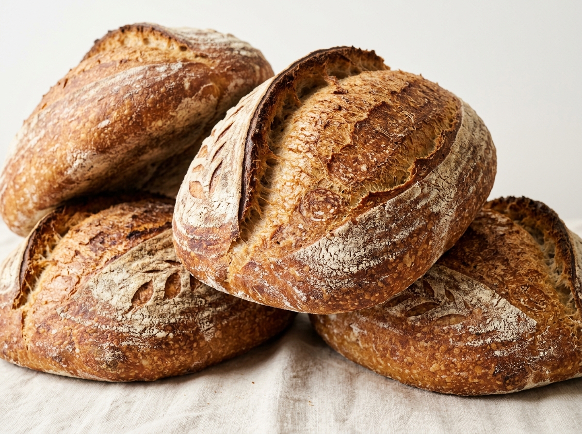 Several round loaves of rustic sourdough bread with scored, golden-brown crusts resting on a light cloth.