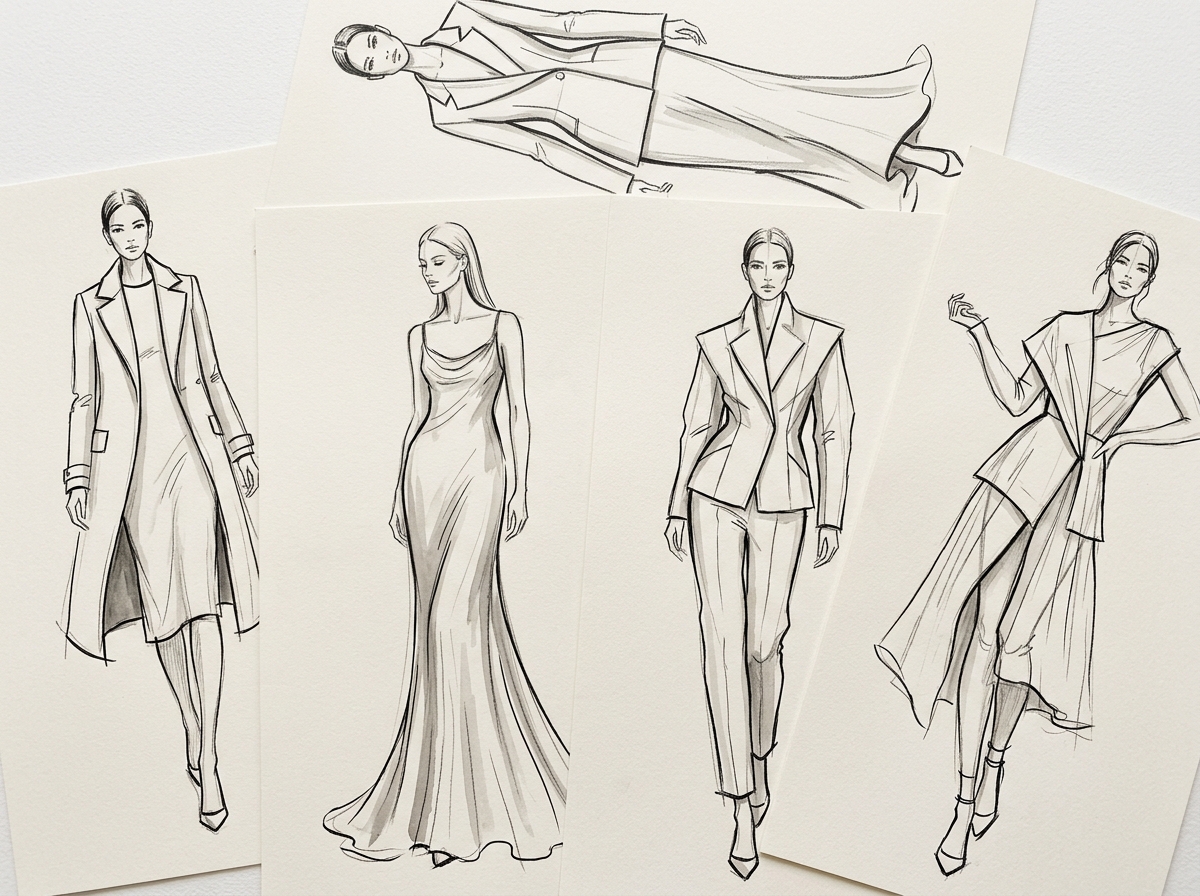 Fashion design sketches on separate cards depicting female models wearing tailored suits, coats, and an evening gown.