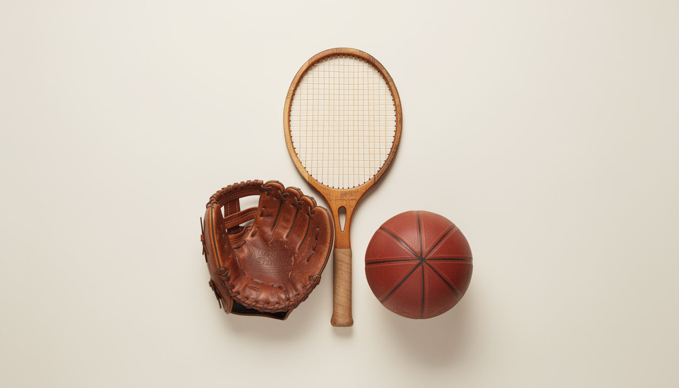A vintage wooden tennis racket, a brown leather baseball glove, and a leather basketball arranged together.