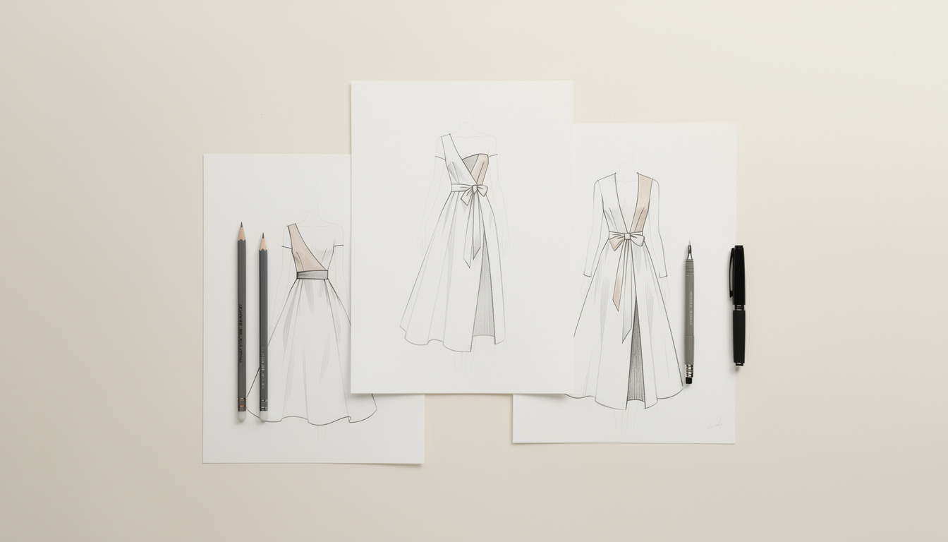 Three fashion design sketches of dresses are displayed alongside drawing pencils and a pen on a flat surface.