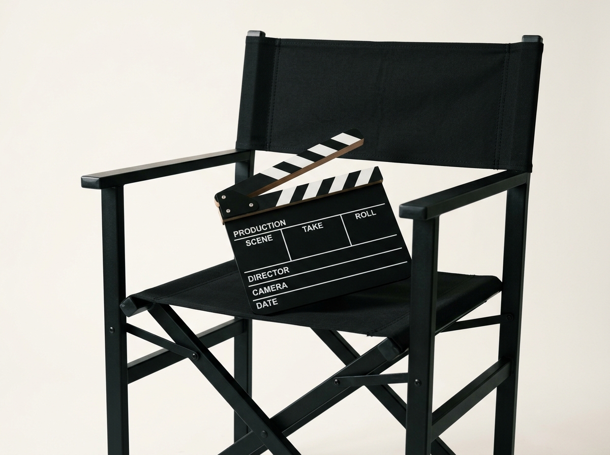 A black director's chair has an open movie clapperboard resting on its canvas seat.