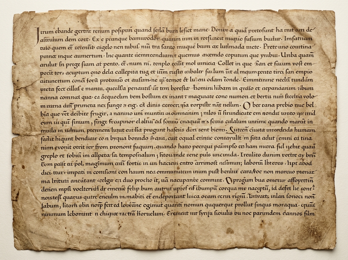 An aged sheet of weathered parchment with frayed edges, covered in dense, handwritten manuscript text in black ink.