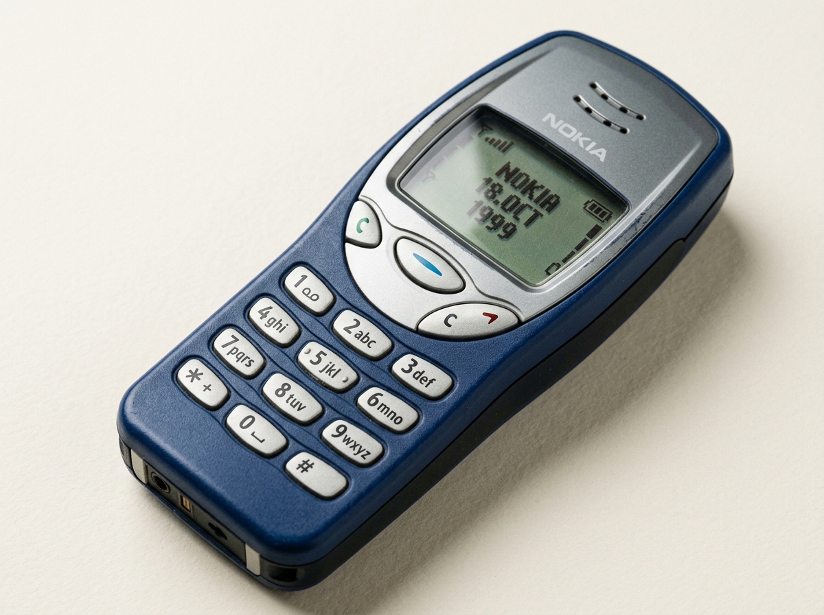 A classic blue Nokia mobile phone with physical buttons and a monochrome screen displaying "18.OCT 1999".