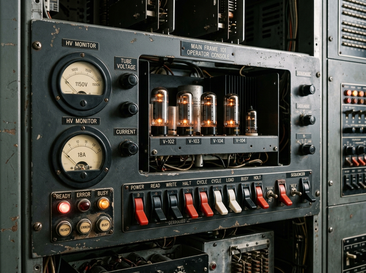 A vintage mainframe computer console features glowing vacuum tubes, analog meters, and colorful toggle switches.