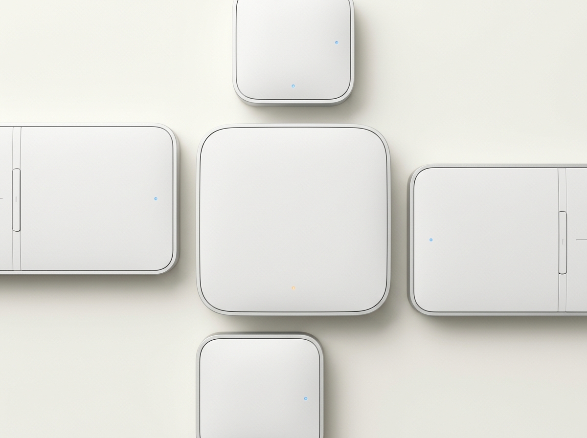 White minimalist electronic devices with rounded corners and tiny indicator lights arranged on a flat surface.