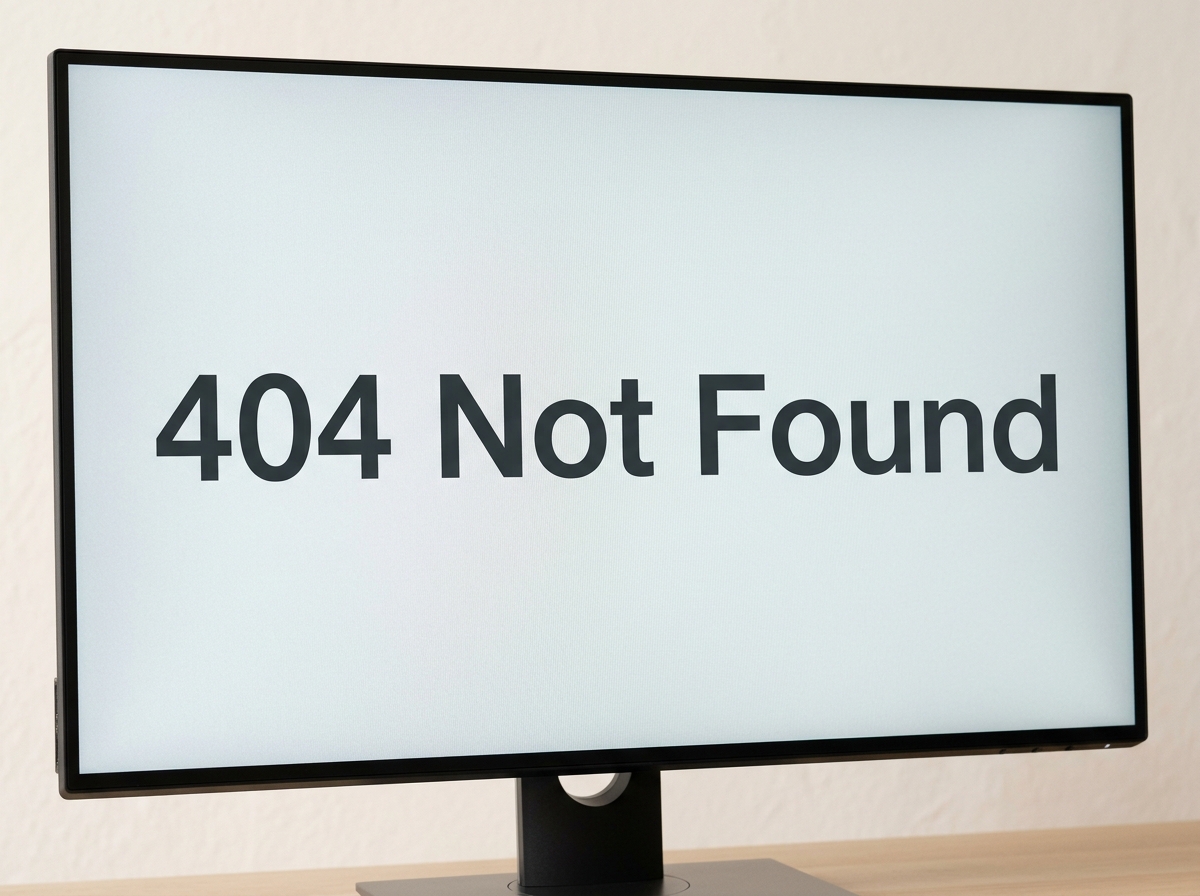 A computer monitor resting on a wooden desk displays the text '404 Not Found' on a white screen.