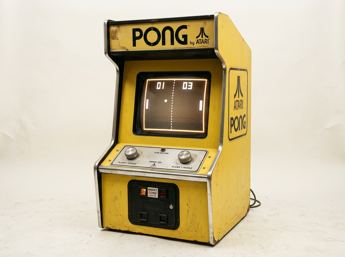 A vintage yellow Atari Pong arcade cabinet featuring two control knobs and a CRT screen displaying the game.