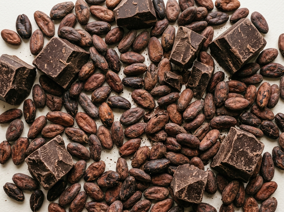 Rough chunks of dark chocolate are scattered among a dense layer of roasted cocoa beans.