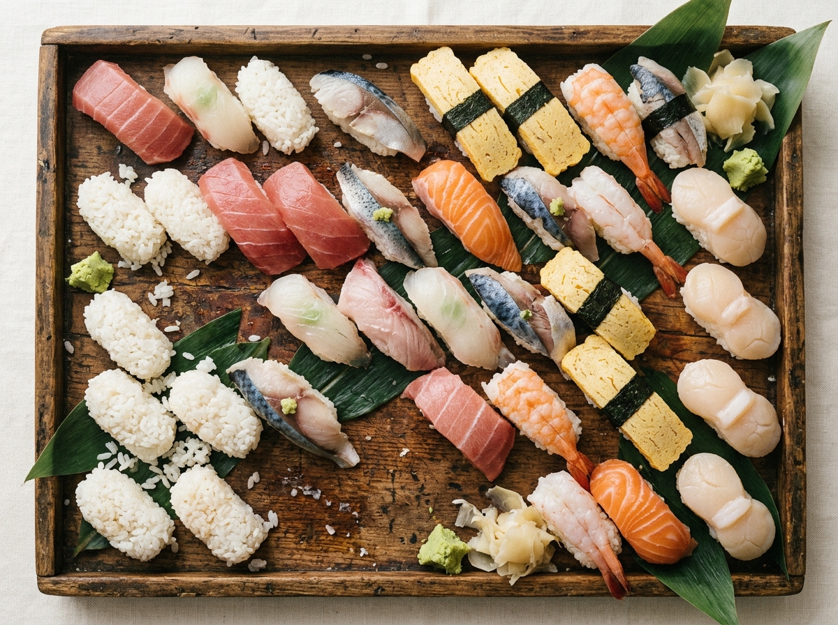 A wooden tray holds assorted nigiri sushi with fish and egg toppings alongside several plain sushi rice mounds.