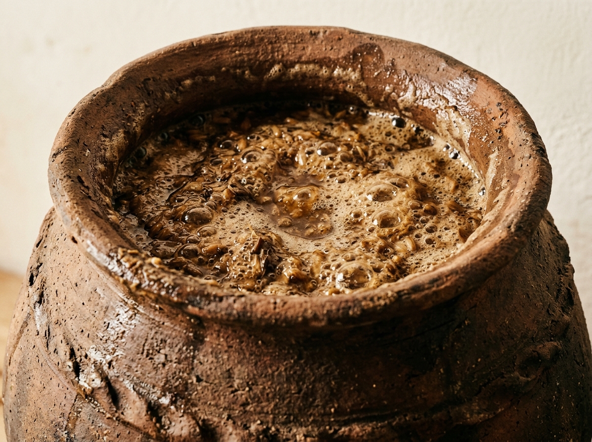 A rustic clay pot filled with a bubbling, frothy mixture of grains and dark liquid fermenting inside.