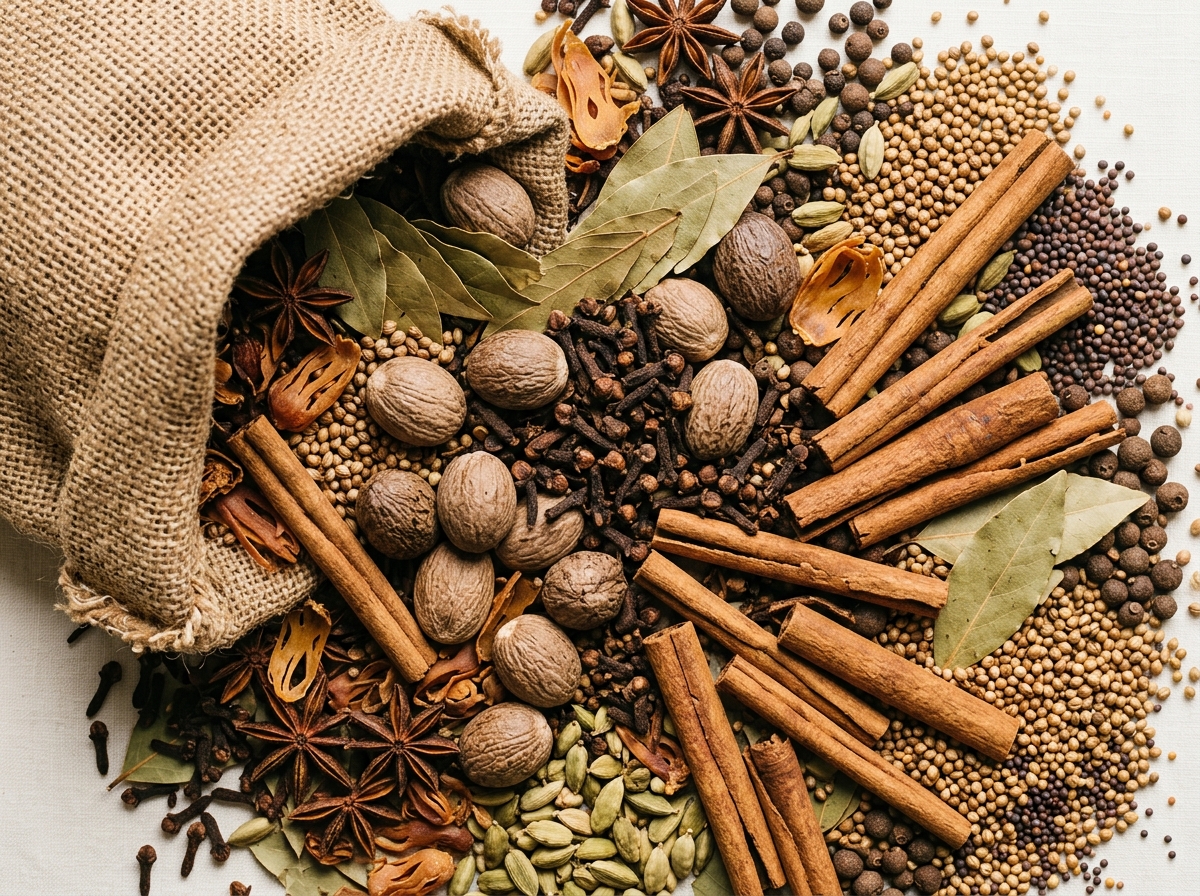 A burlap sack spills various whole spices across a surface, including cinnamon sticks, nutmeg, cloves, and star anise.