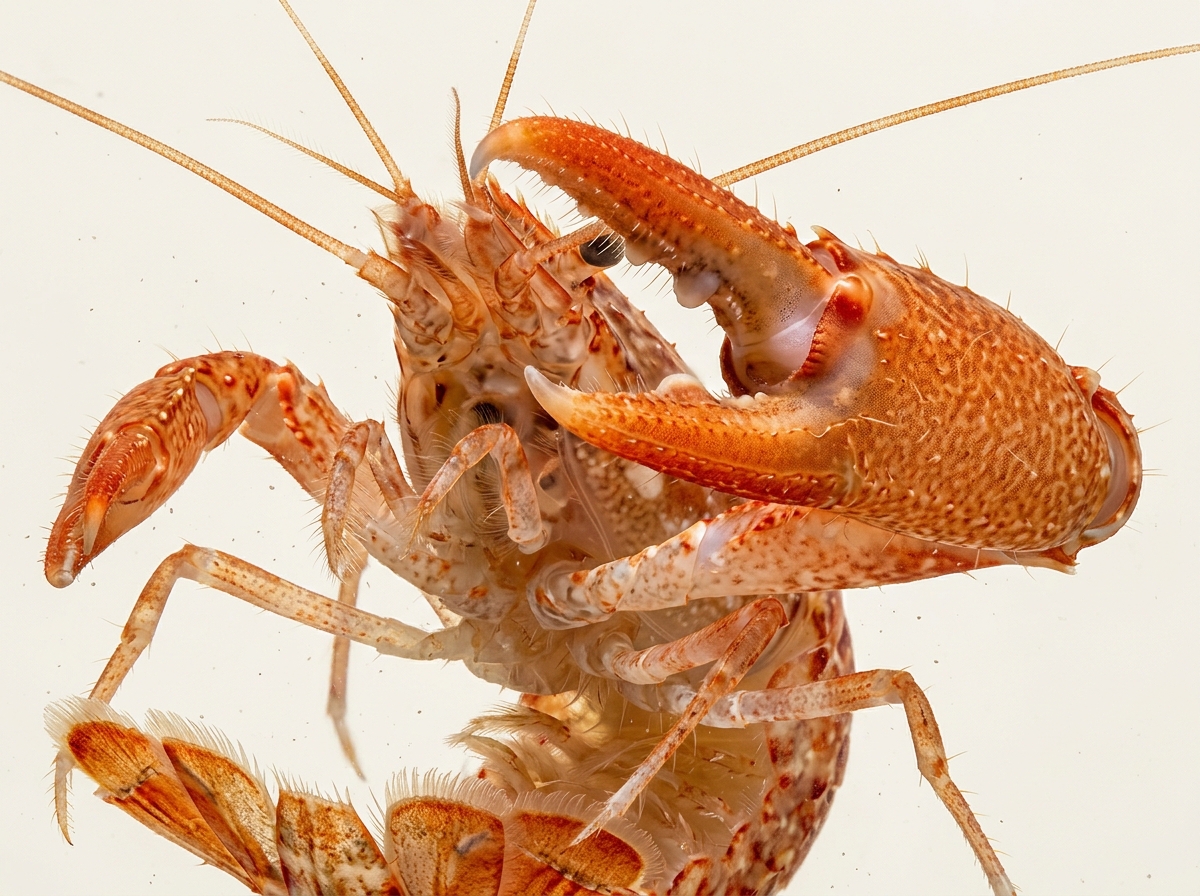 A snapping shrimp displays its large, textured orange claw open wide, along with its slender legs and long antennae.