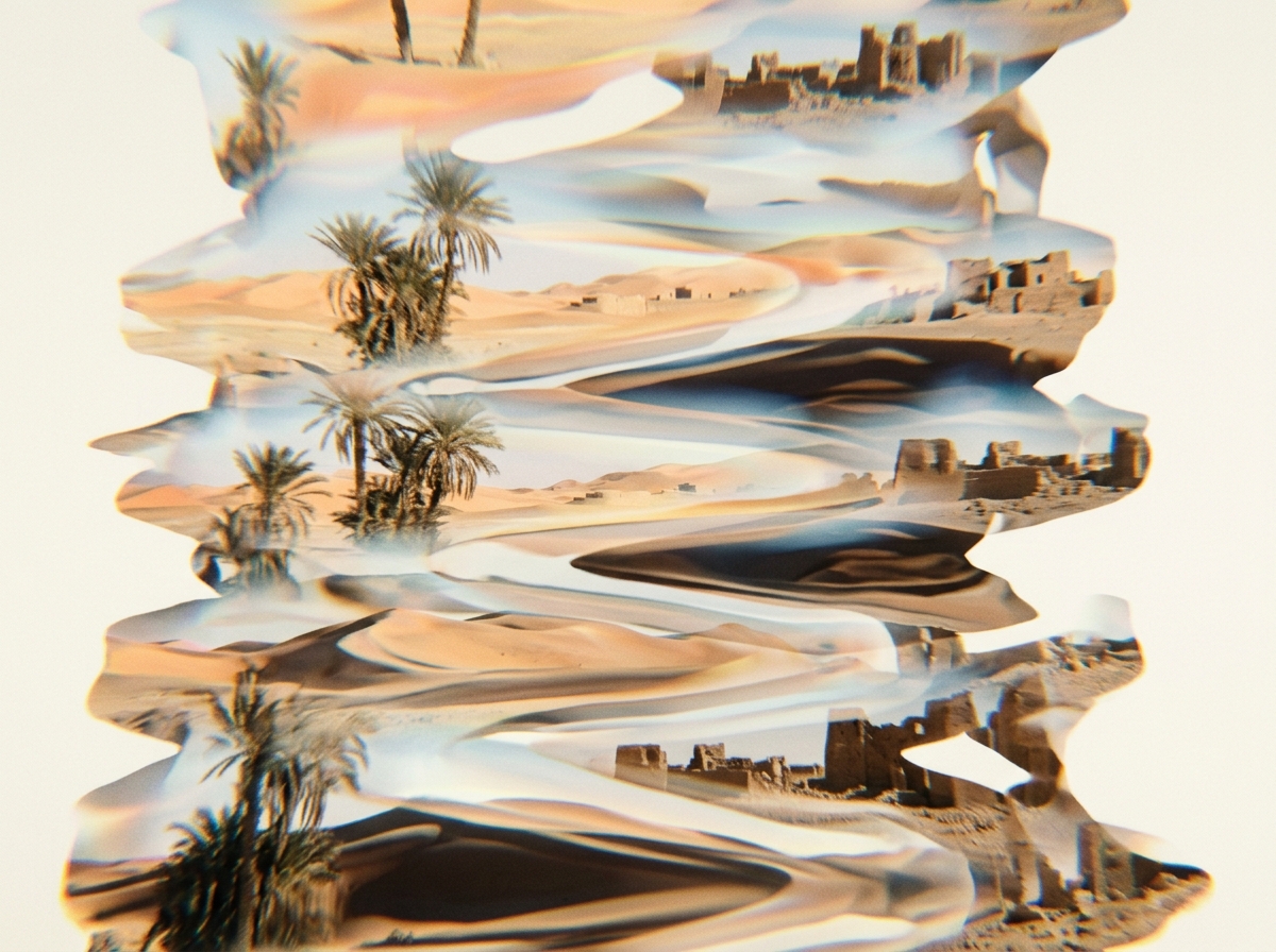 Wavy, vertically stacked layers distort a desert scene featuring sand dunes, palm trees, and ancient stone ruins.