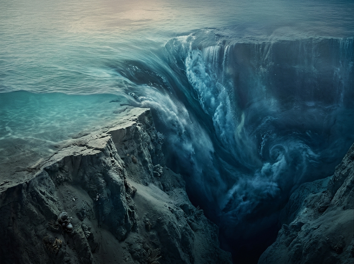 A massive underwater waterfall plunges down between rugged cliffs into a deep, swirling oceanic abyss.