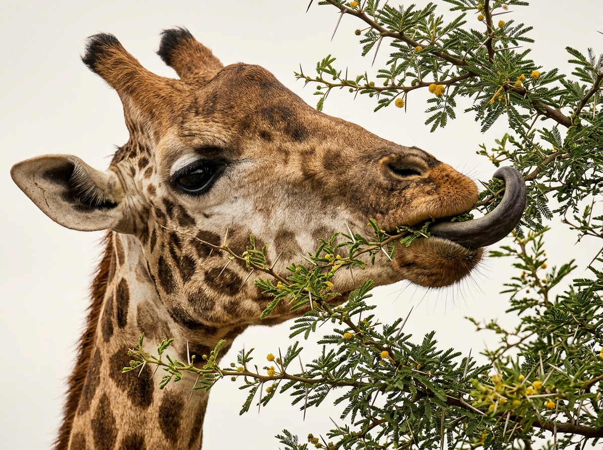 A giraffe wraps its long, dark tongue around a thorny acacia branch to eat the green leaves and yellow flowers.