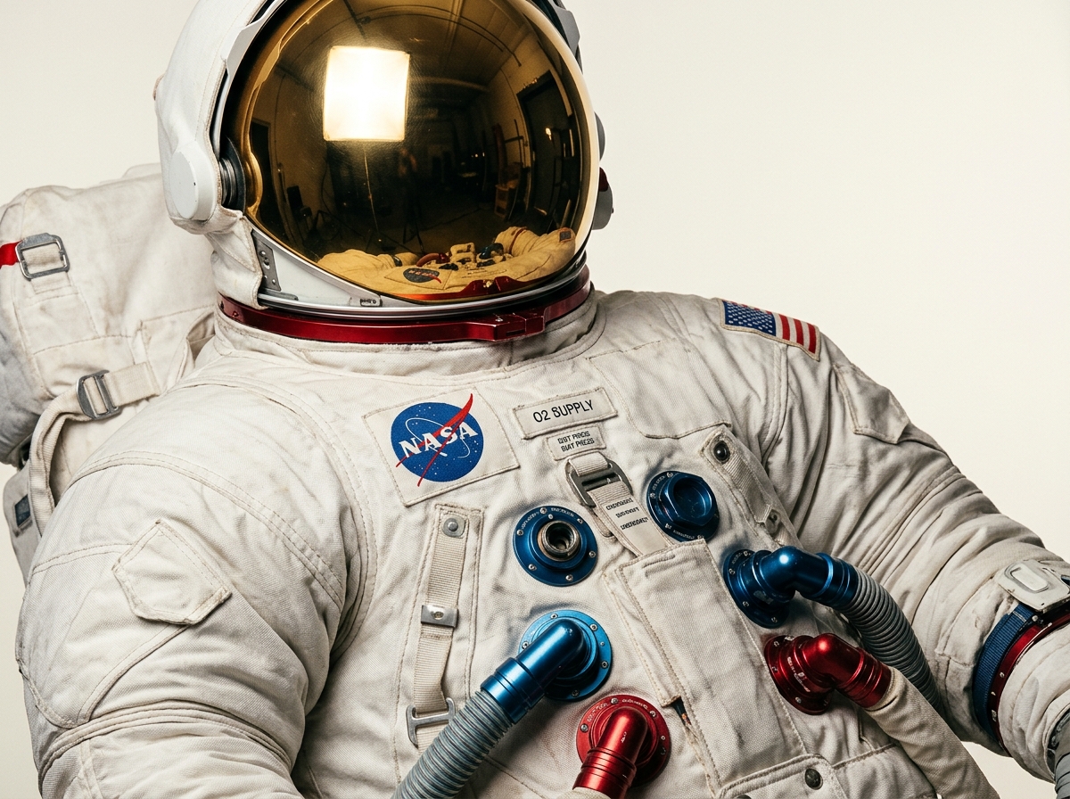 An Apollo spacesuit features a helmet with a gold visor, a NASA patch, and red and blue hose connectors on the chest.