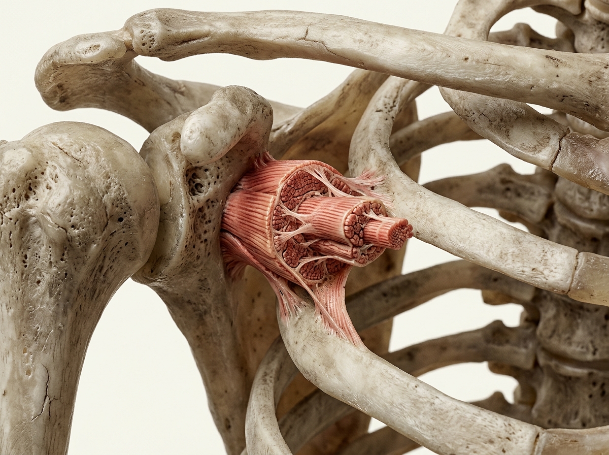 A detailed anatomical model shows muscle fiber bundles and fascicles in cross section within a human shoulder skeleton.