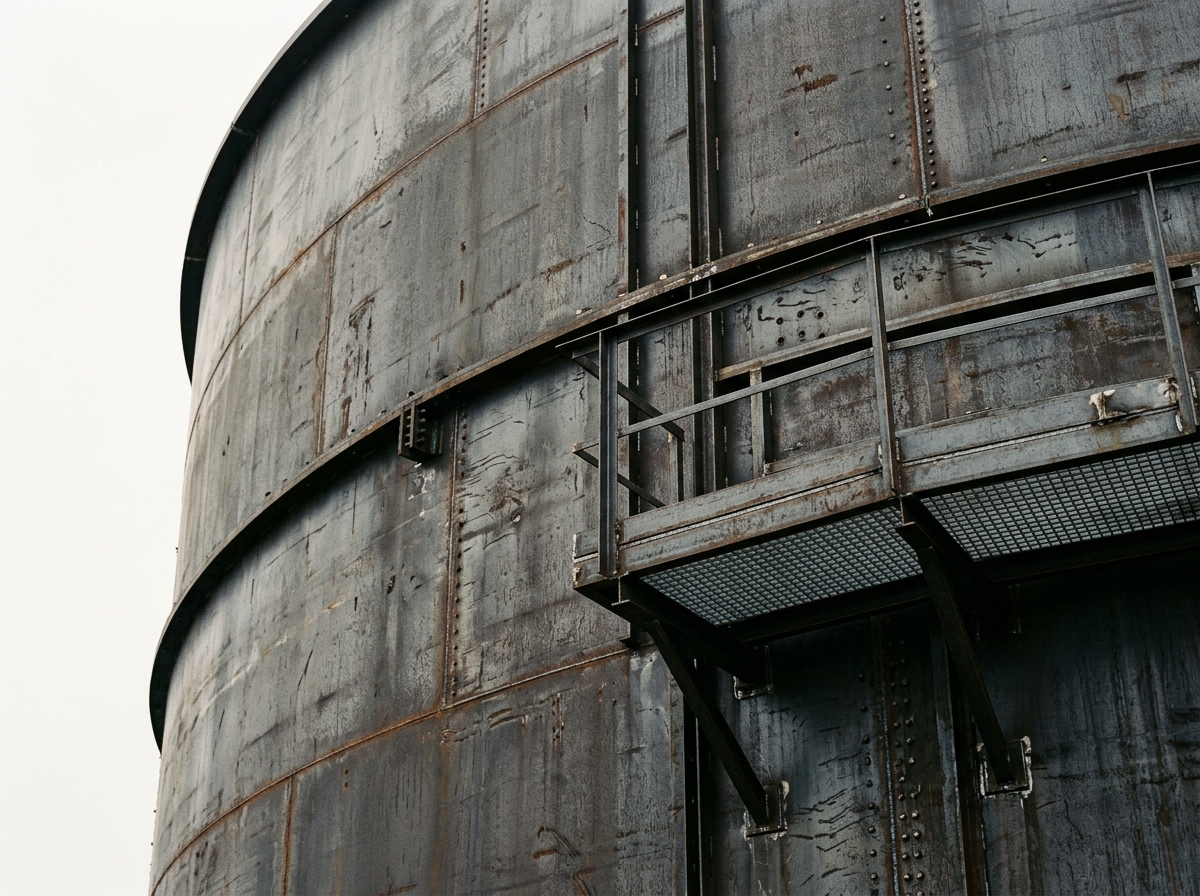 A massive, weathered dark steel industrial tank with rivets and an attached metal catwalk against a pale overcast sky.