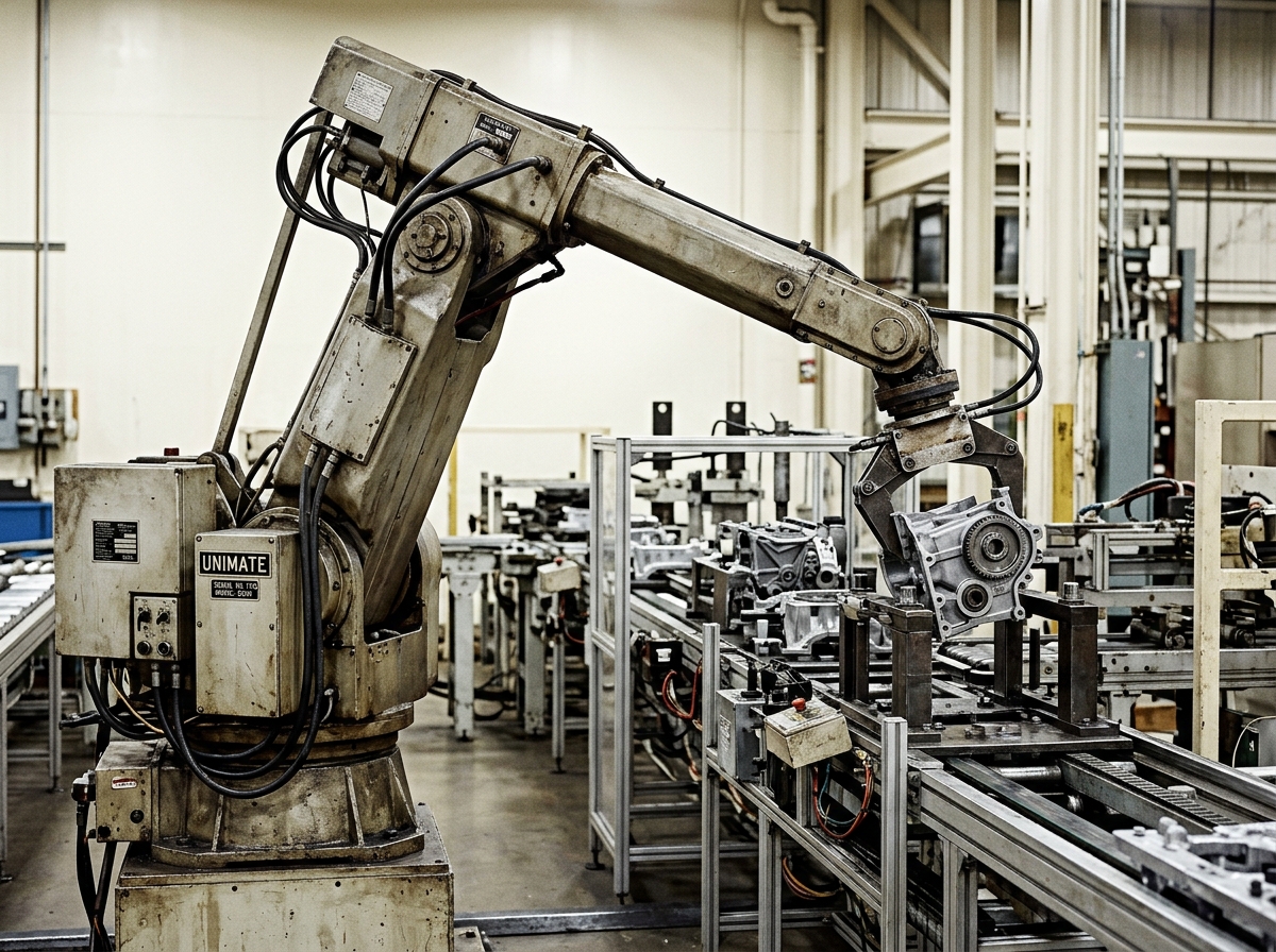 A Unimate industrial robotic arm grips a metal mechanical component along a factory assembly line.