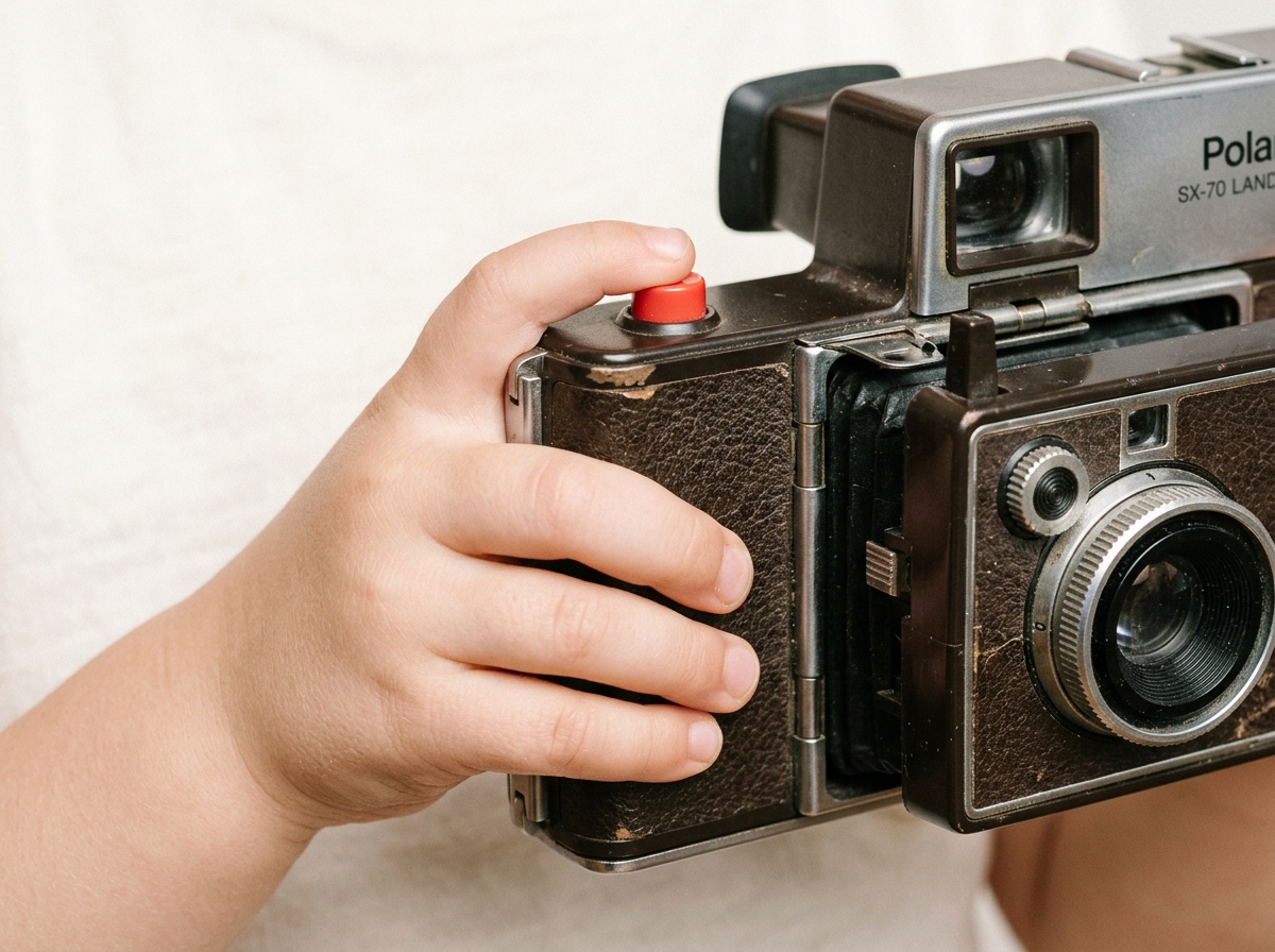 A child's small hand holds a vintage Polaroid SX-70 camera, with an index finger resting on the red shutter button.