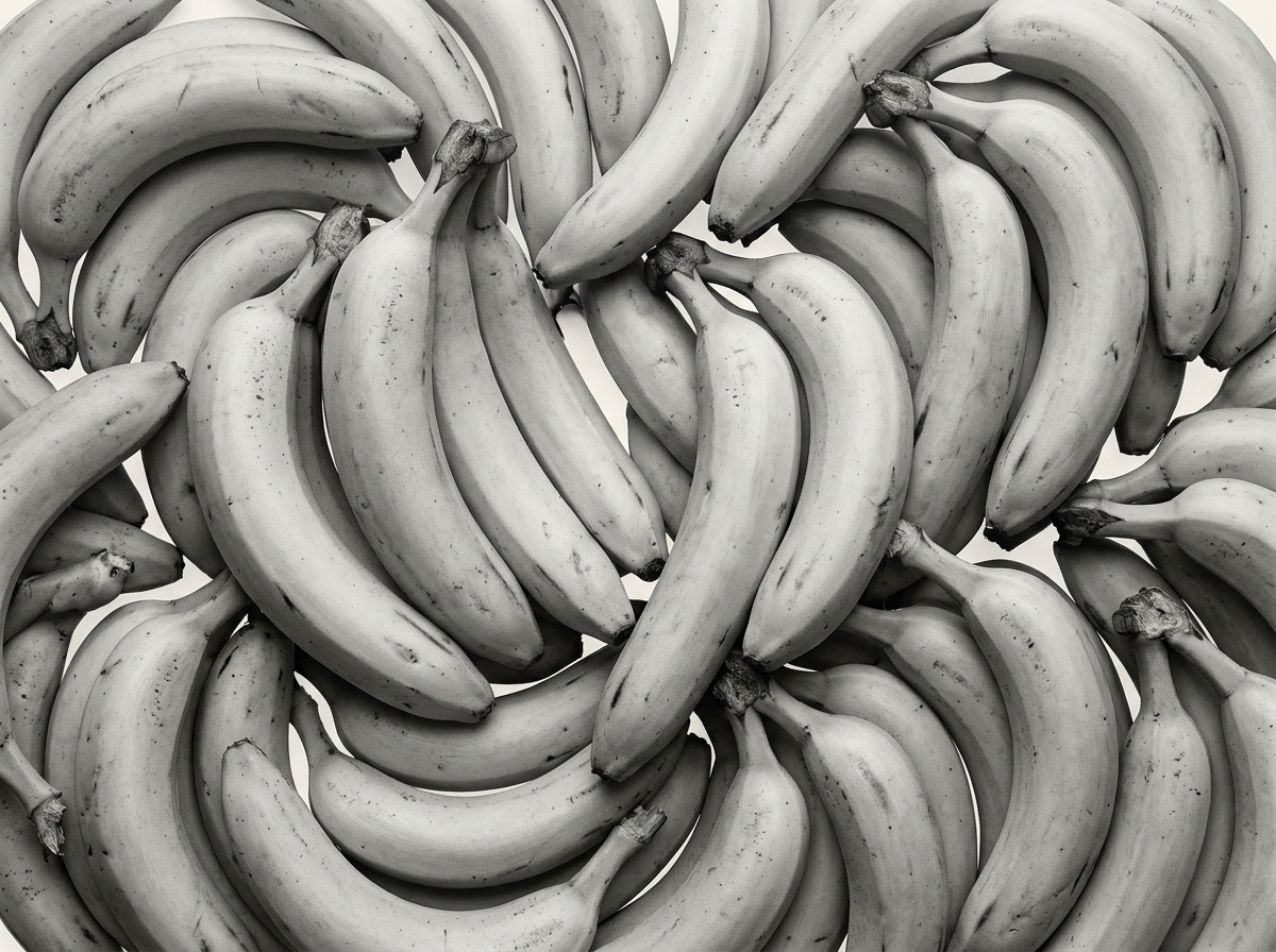 A dense pattern of ripe bananas filling the entire frame, shown completely in grayscale.