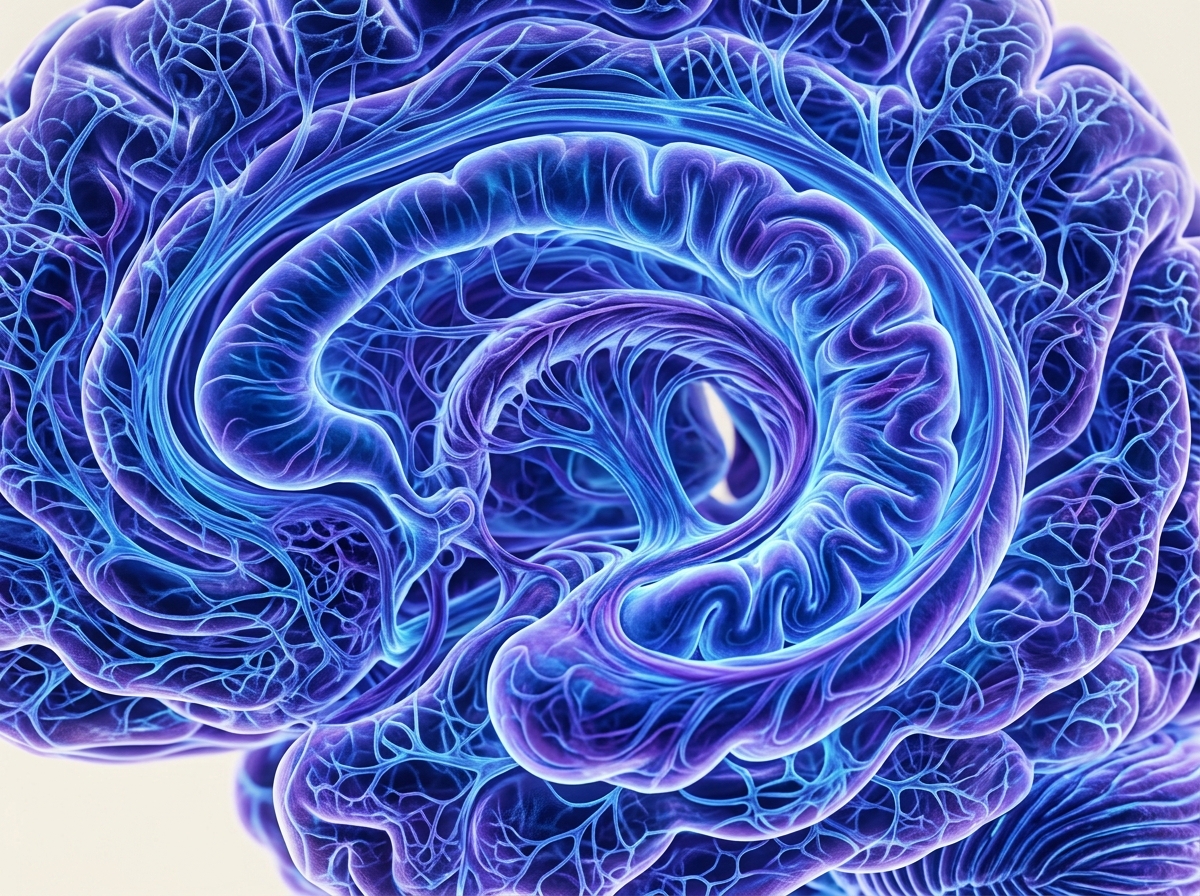 A stylized cross section of a human brain reveals intricate folds and neural networks in glowing blue and purple tones.