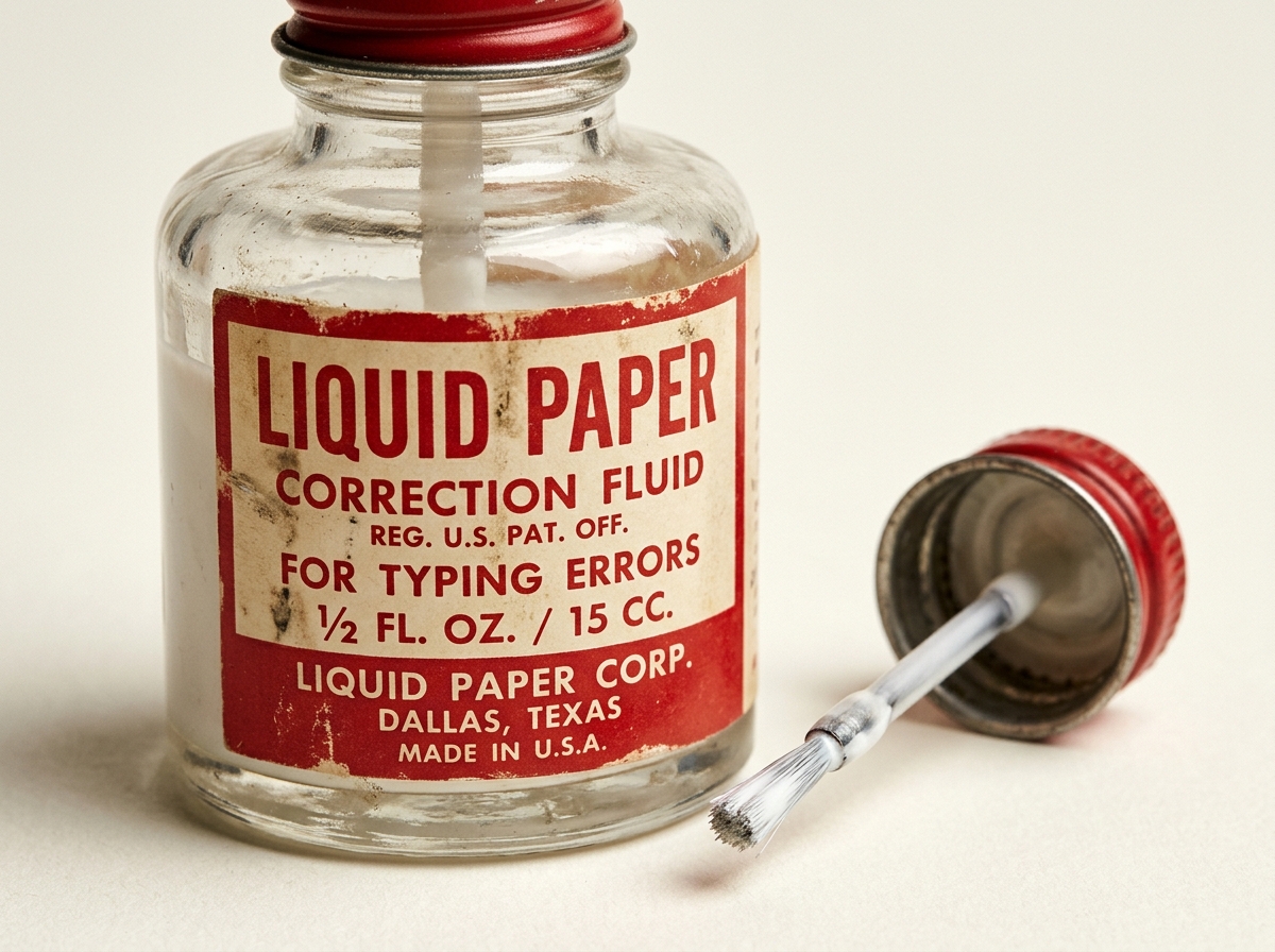 A vintage bottle of Liquid Paper correction fluid sits open next to its red screw cap with an attached applicator brush.