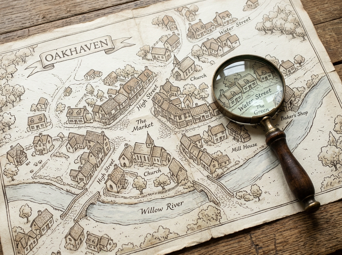 A vintage magnifying glass rests on an illustrated map of the town Oakhaven laid out on a wooden surface.