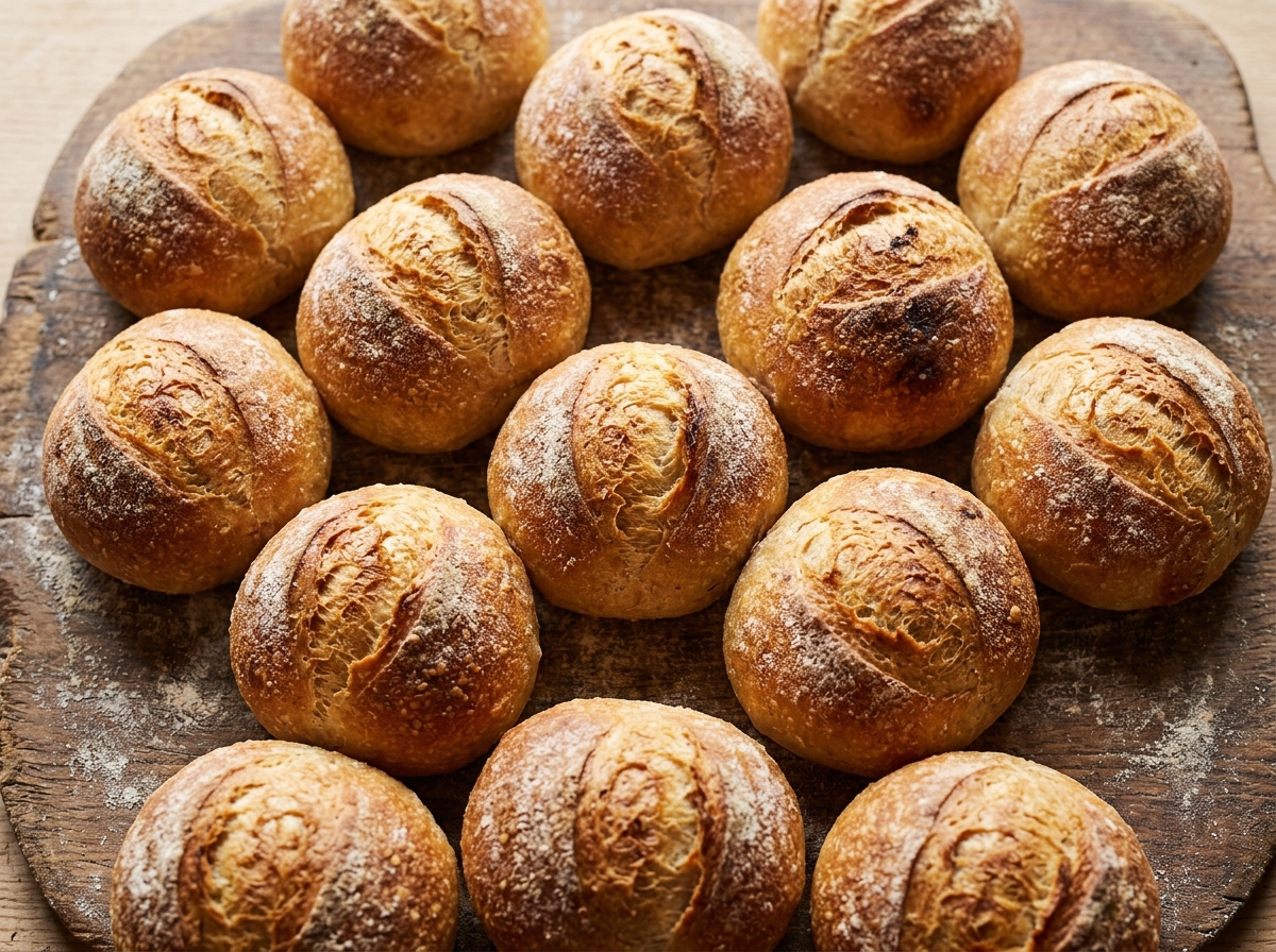 Crusty golden-brown bread rolls arranged closely together on a rustic, flour-dusted wooden board.