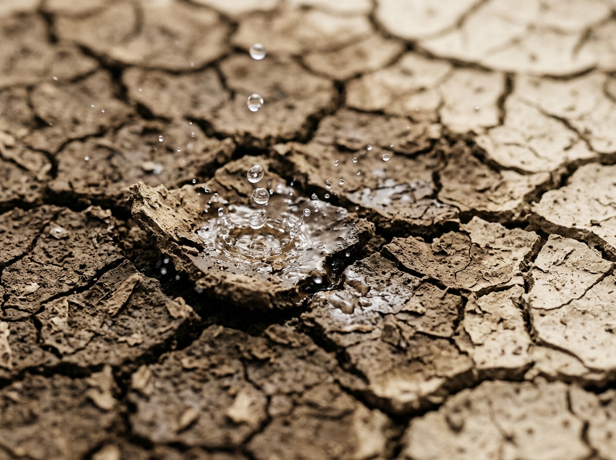 Water droplets fall and splash onto dry, cracked soil.