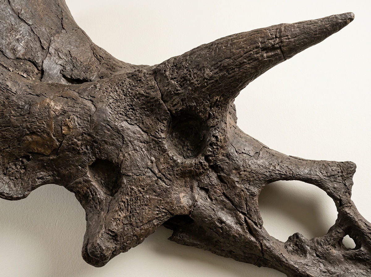 A close-up of a dark dinosaur skull fossil, showing textured bone, a deep eye socket, and a prominent pointed brow horn.