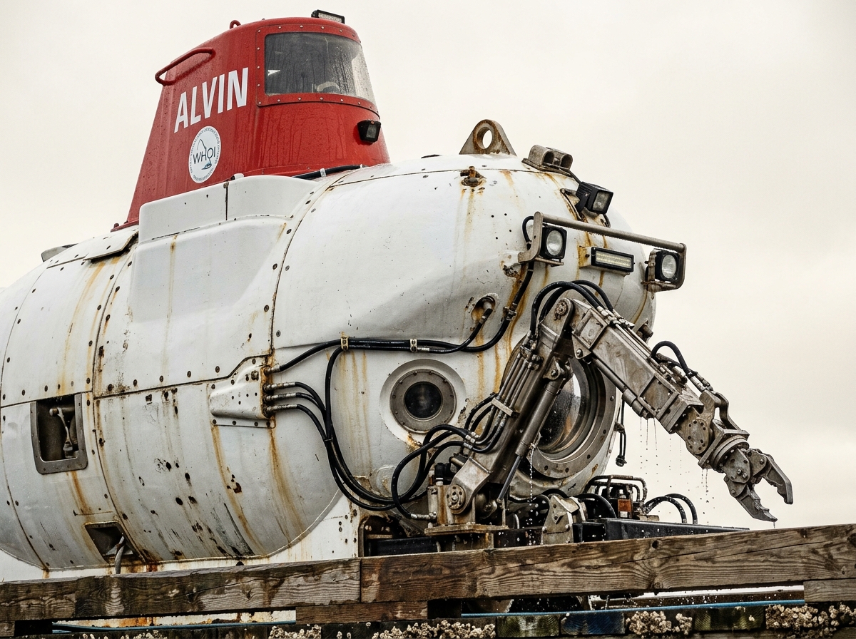 The deep-sea submersible Alvin rests on a wooden dock, featuring a red tower, front viewports, and an extended robotic arm.