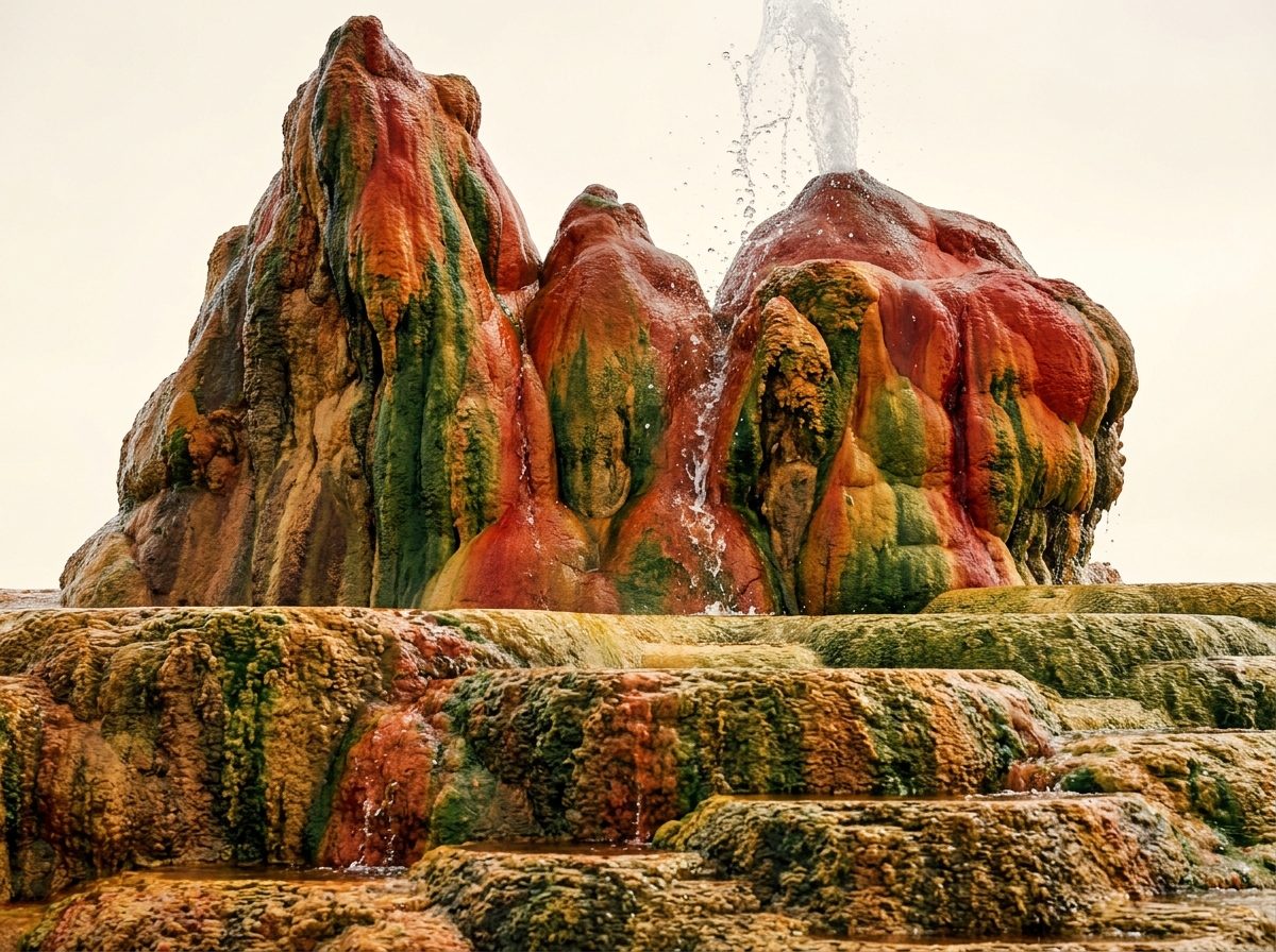 Fly Geyser sprays water from vibrant red and green mineral cones resting on tiered rock terraces.