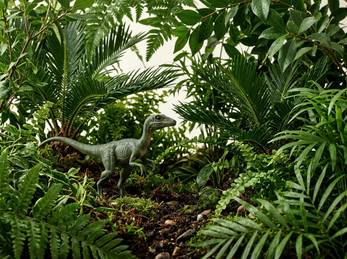 A green dinosaur figurine stands on mossy soil surrounded by lush ferns, cycads, and dense green foliage.