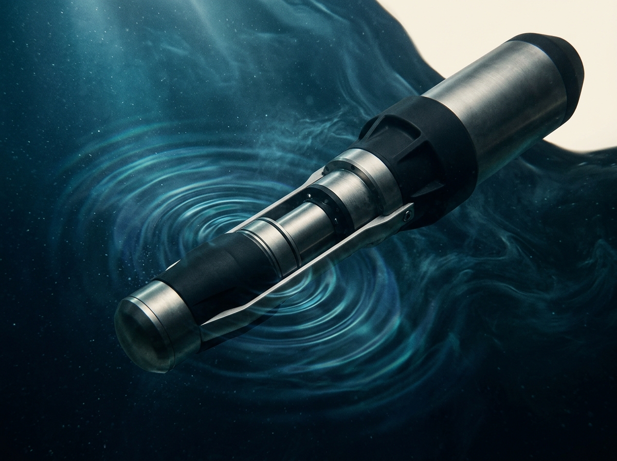 A cylindrical underwater hydrophone floats in dark ocean water, surrounded by concentric ripples.
