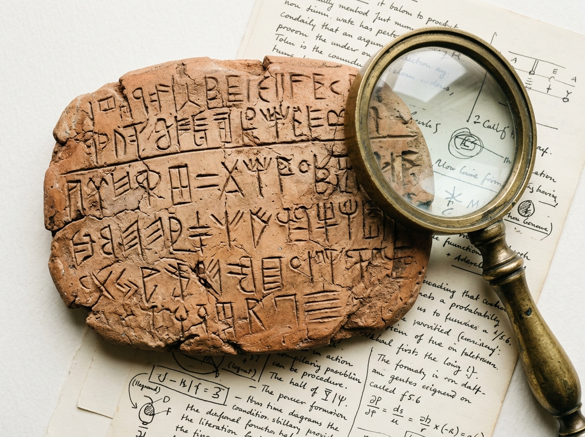 An inscribed clay tablet sits atop handwritten research notes alongside a vintage brass magnifying glass.