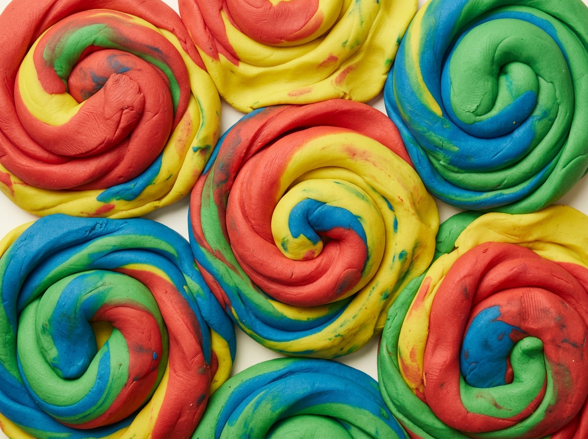 Swirls of brightly colored modeling clay in red, blue, yellow, and green are arranged tightly together.