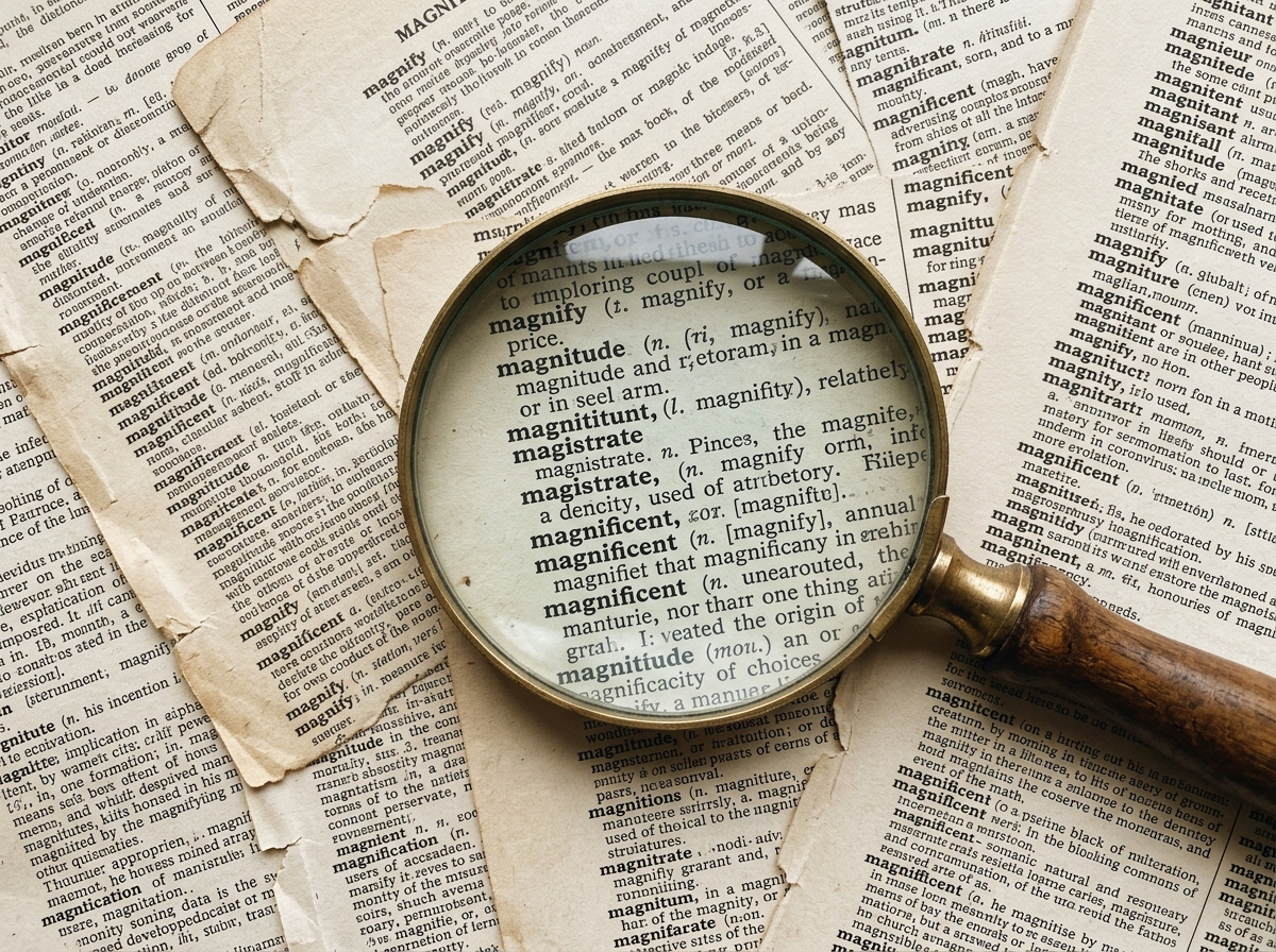 A magnifying glass with a wooden handle rests on torn, aged dictionary pages, enlarging words like "magnificent".