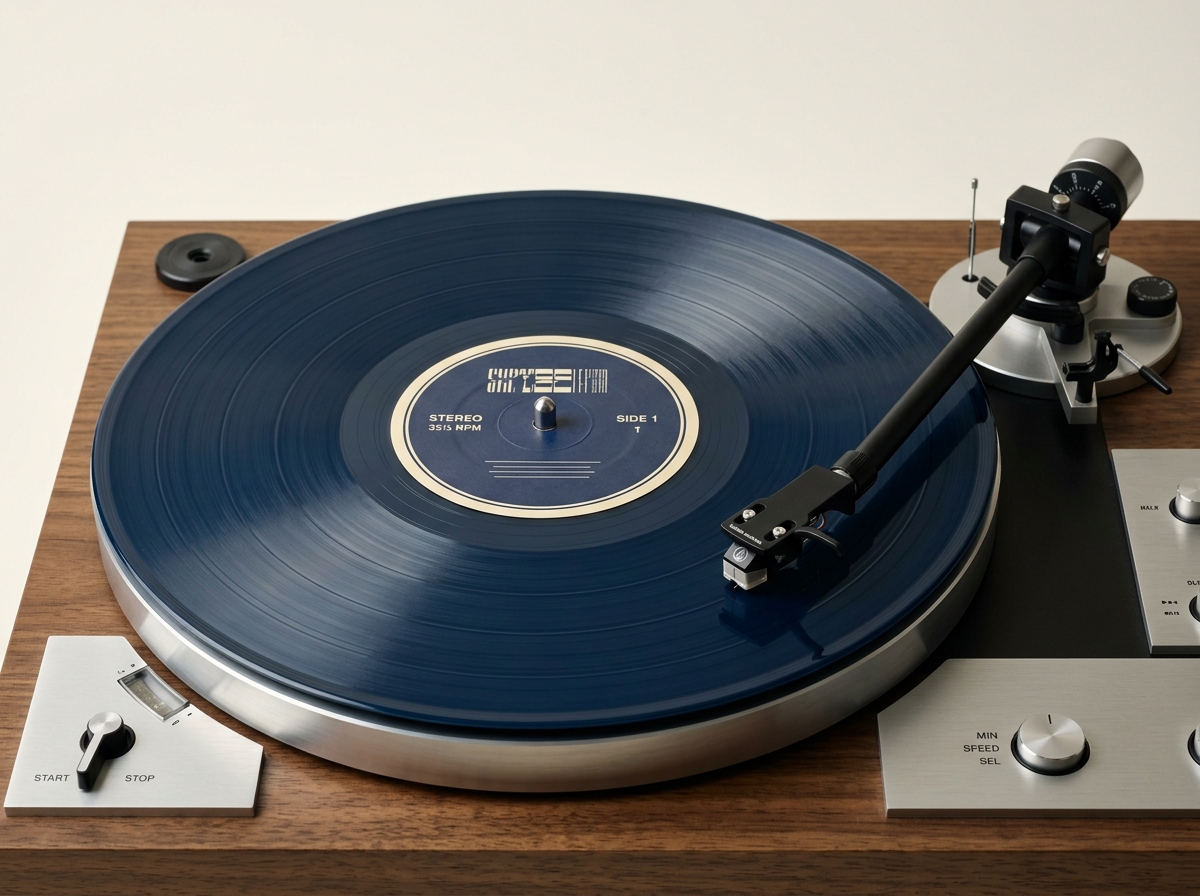 A dark blue vinyl record rests on a wooden turntable with the tonearm and cartridge poised on its groove.