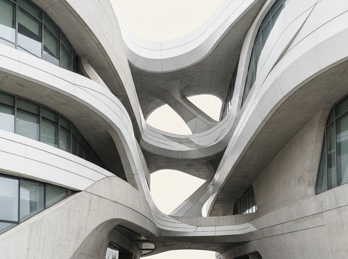 Futuristic concrete building featuring sweeping curved facades and organic bridges connecting between structures.