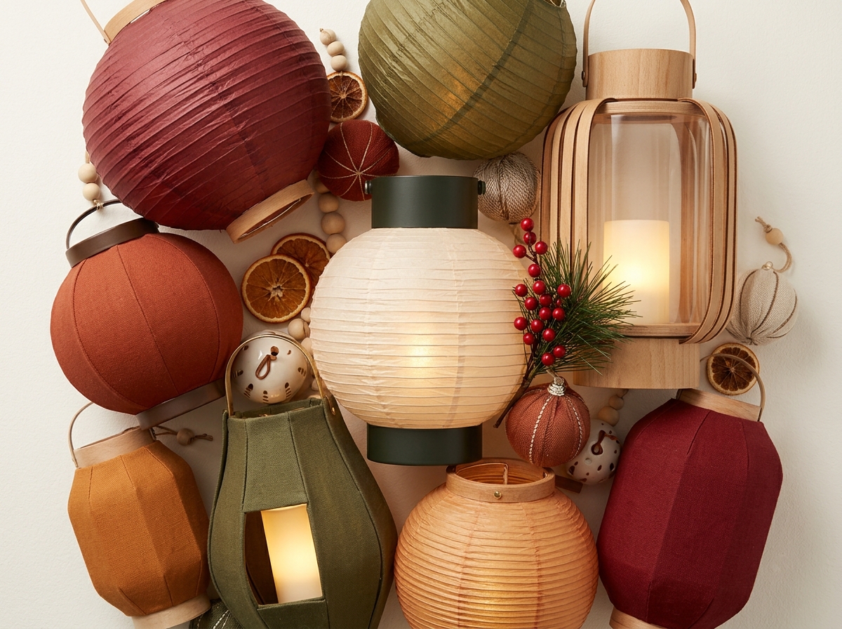 Assortment of paper and fabric lanterns in warm, earthy tones mixed with dried orange slices and festive ornaments.