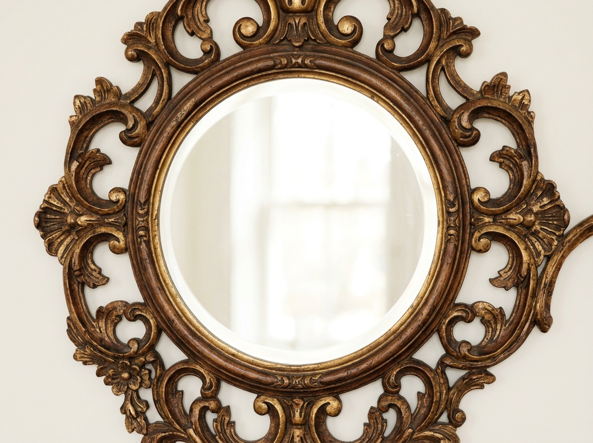 A round vintage wall mirror features an ornate antique-gold frame decorated with intricate baroque scrollwork.