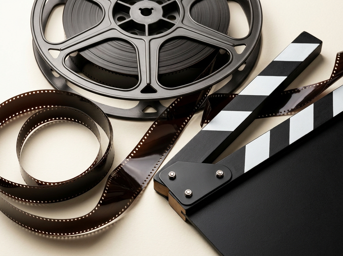 A loaded movie film reel sits alongside curled unspooled film strips and an open clapperboard.