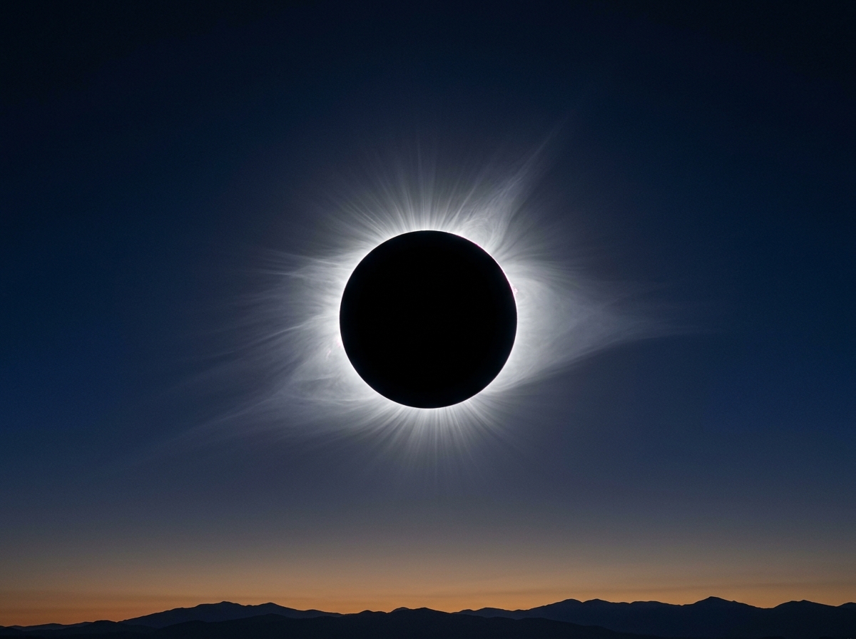 A total solar eclipse with a radiant white corona glows in a dark sky above distant mountains at twilight.