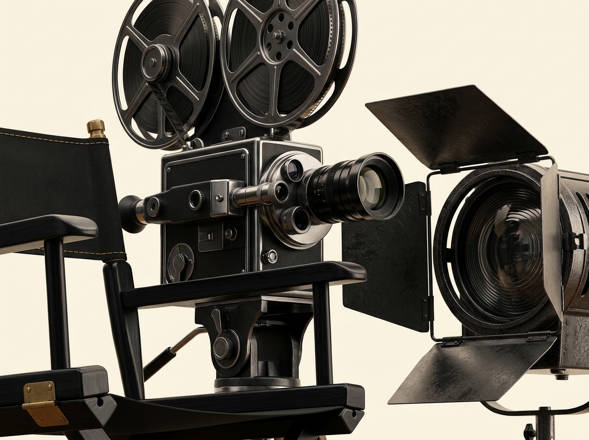 A vintage film camera with round reels sits beside a black director's chair and a studio spotlight with barn doors.